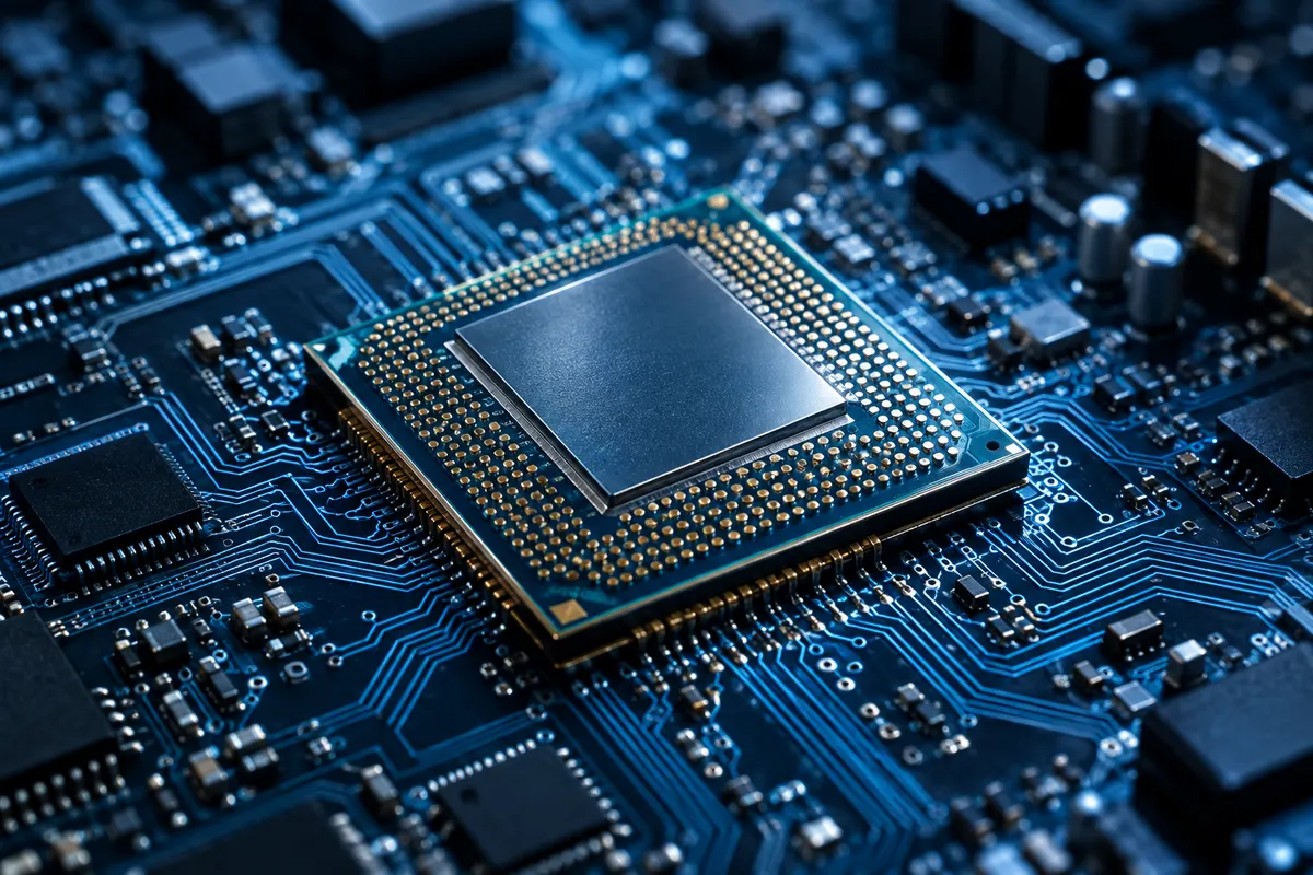 Illustratieve close-up van een computerchip op een printplaat.