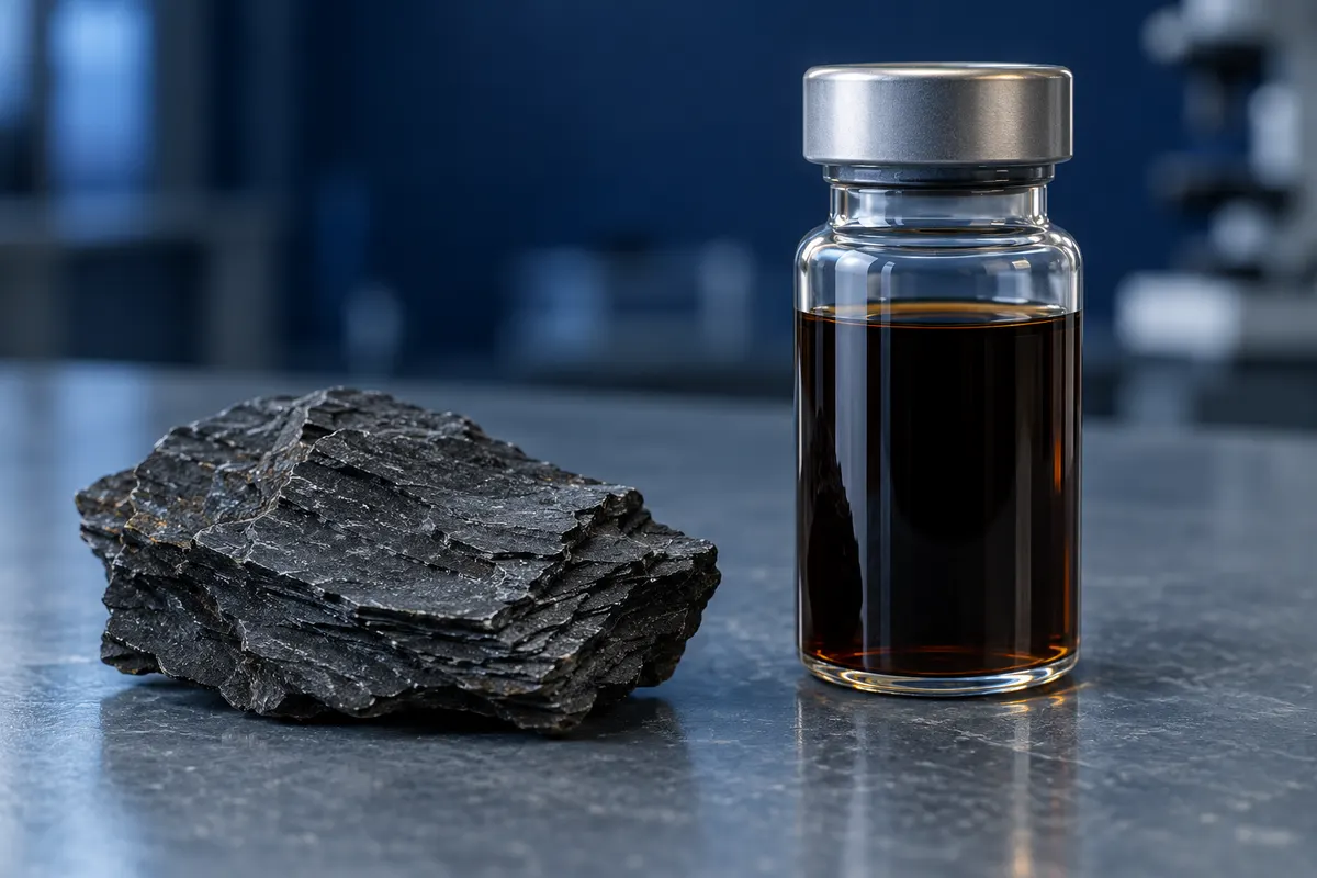 Stuk zwarte steenkool naast flesje donker crude-olieachtig monster op labtafel