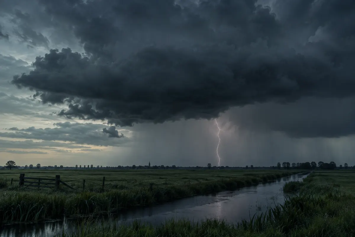 Donkere onweerswolken boven weiland met bliksemschicht en regenbui boven horizon