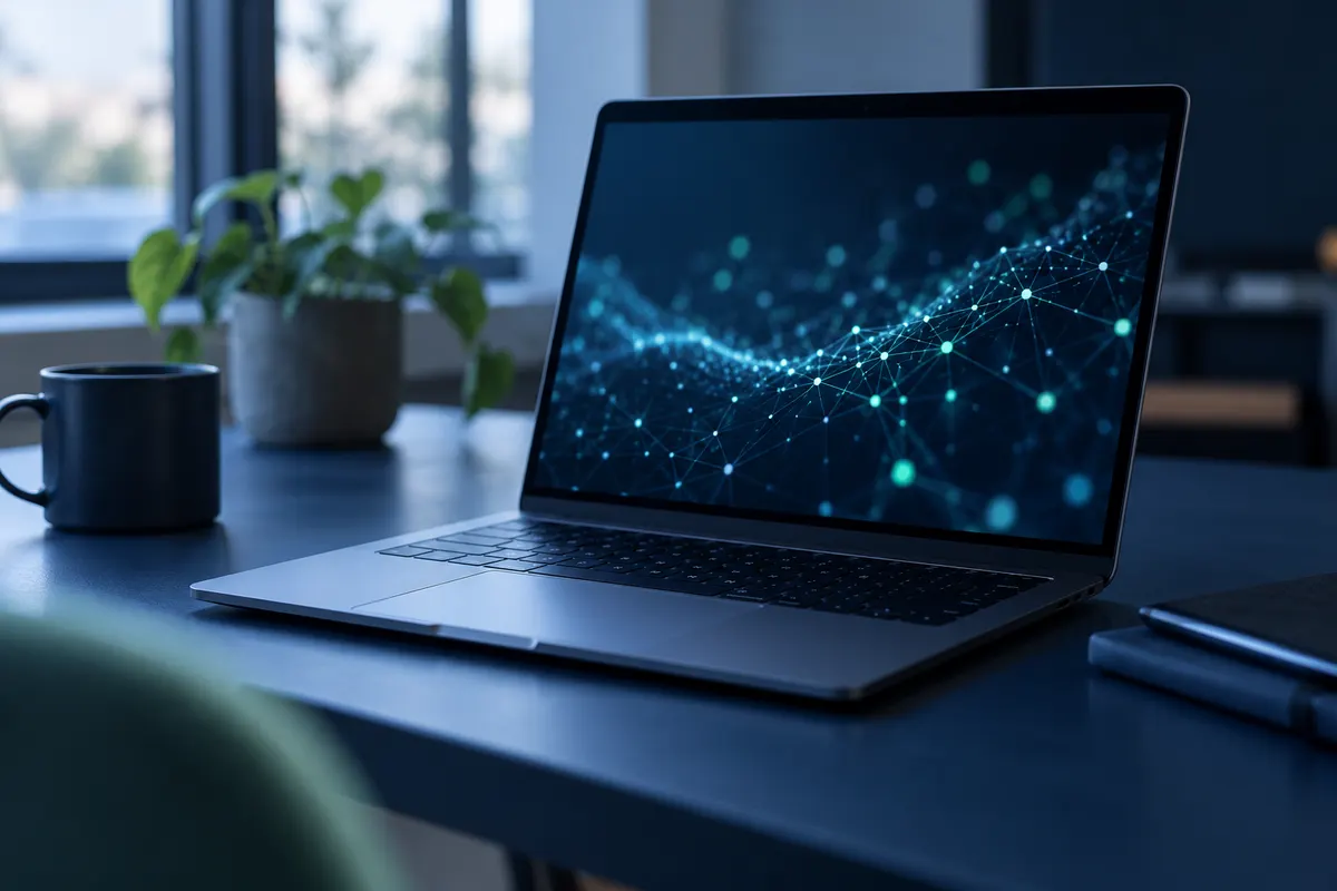 Laptop op bureau met scherm waarop neurale netwerkvisualisatie zichtbaar is