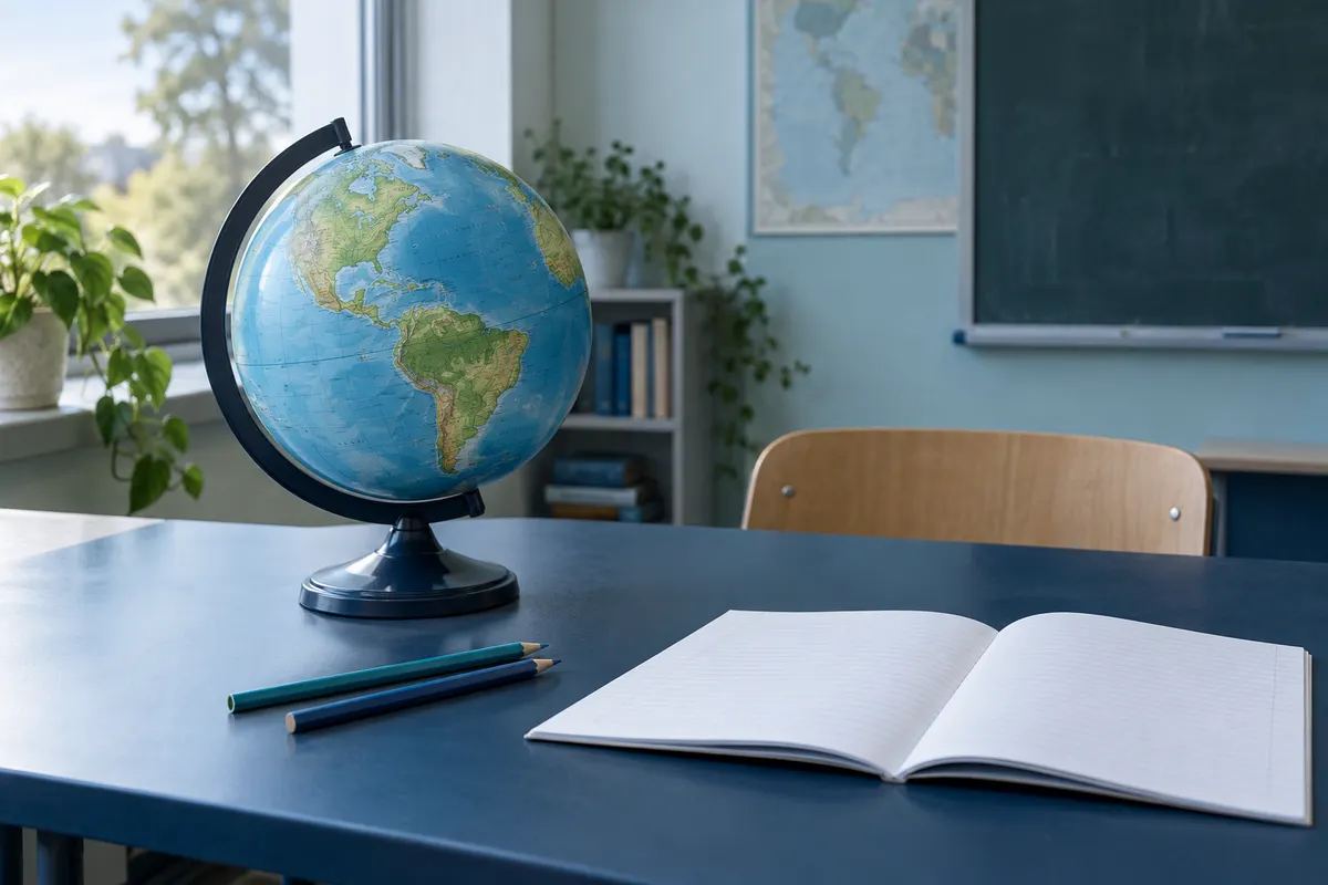 Schoolbank met wereldbol, open schrift en kleurpotloden in klaslokaal