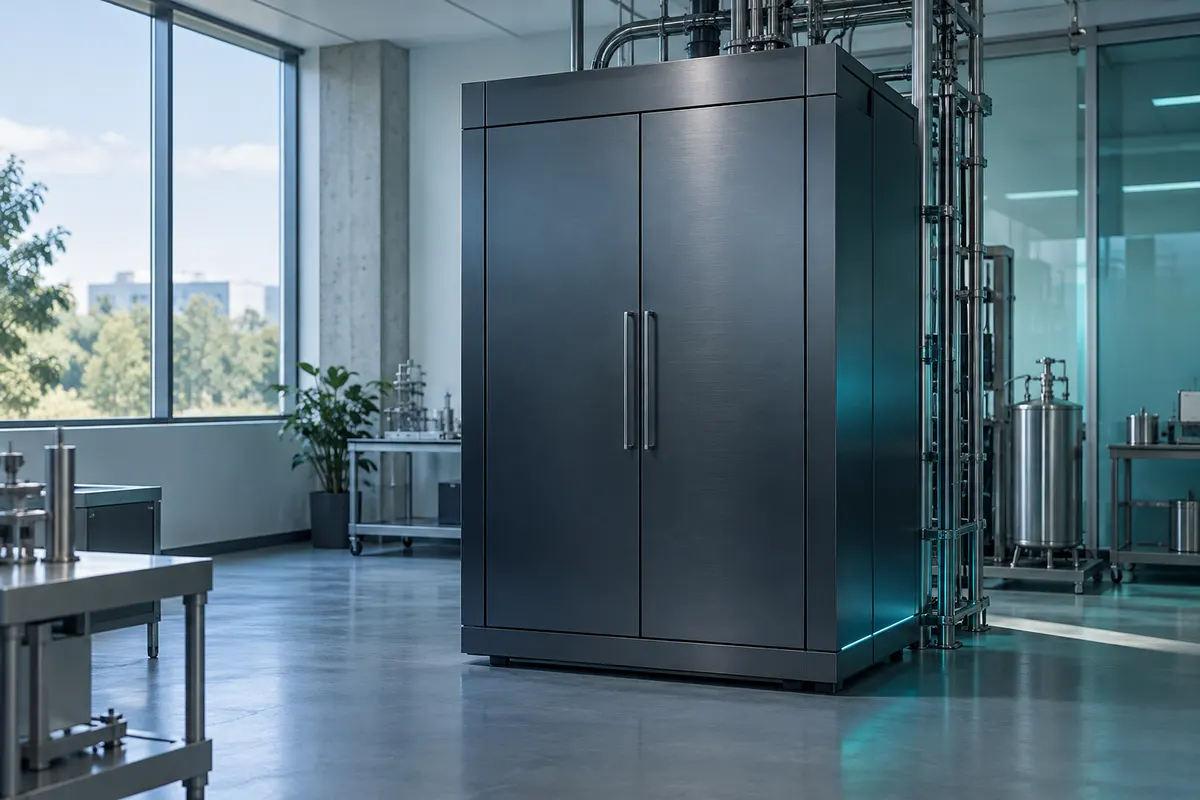 Groot zwart kastachtig apparaat met dubbele deuren en metalen leidingen in laboratoriumruimte
